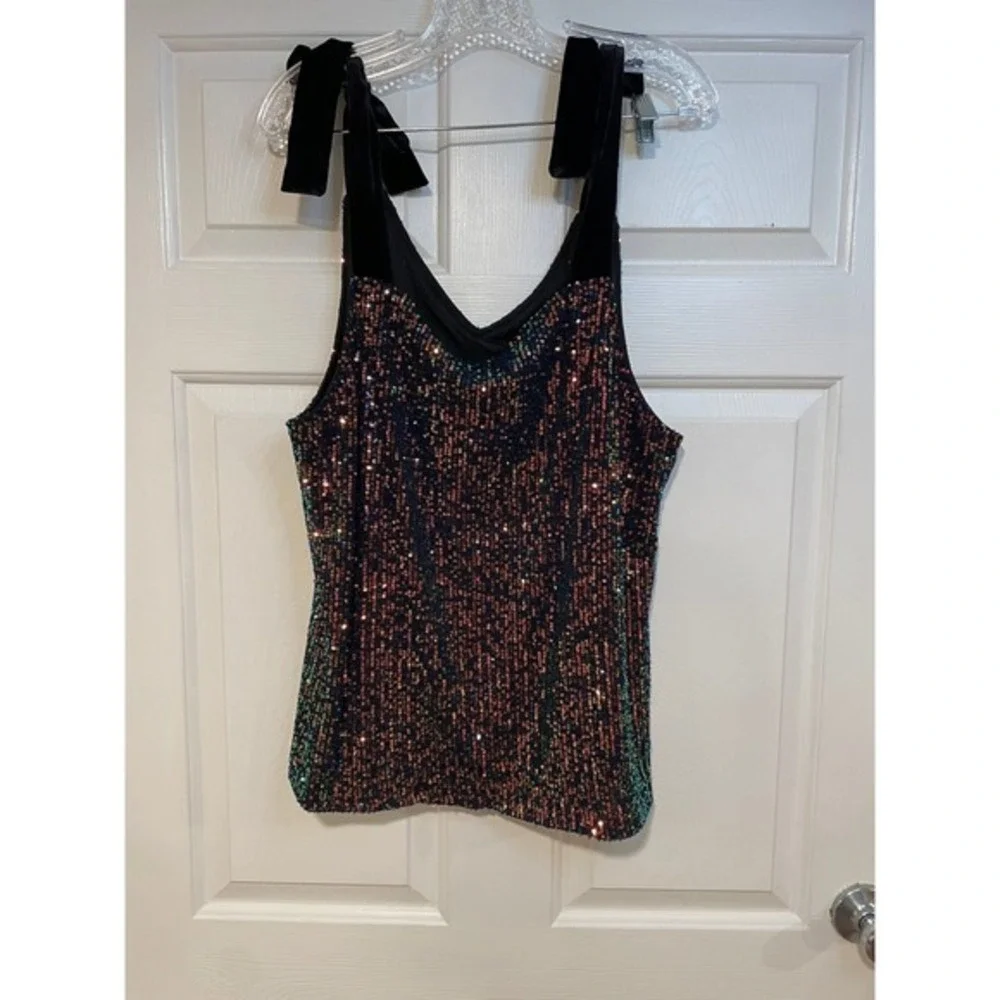 NEW XL Sequin Tank Top Girls Night Out V Neck Velvet Tie Strap Sparkle Jess Lea